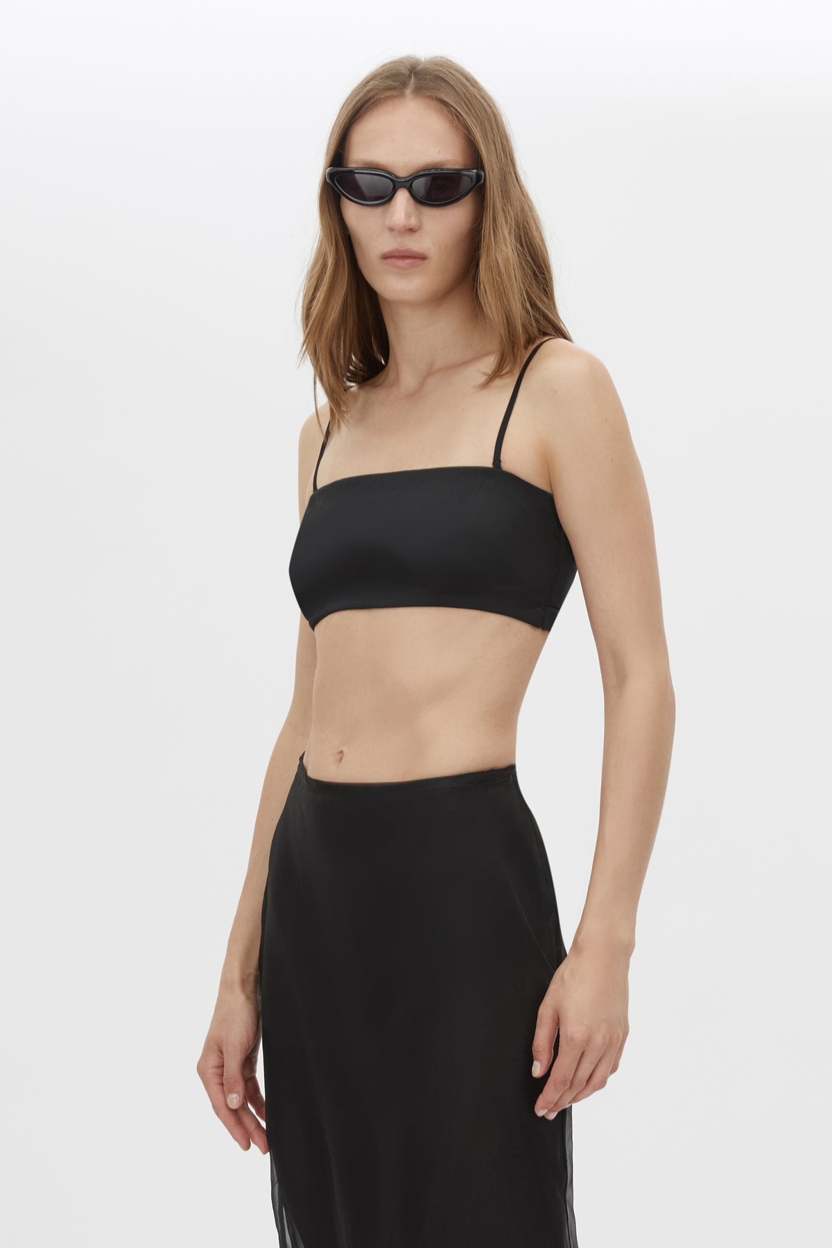Cropped view CAMILLA AND MARC Noe Bandeau Top in Black with a sheer silk‑blend finish.