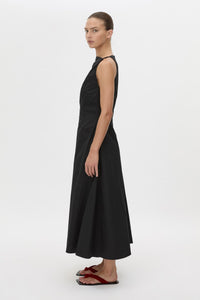 Side view CAMILLA AND MARC Onesto Cotton Midi Dress in black with a cowl neckline.
