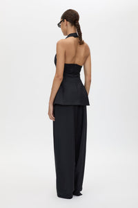 Back view CAMILLA AND MARC Orban Tailored Halter Top in Navy Pinstripe with deep V‑neck, fitted waist and open back.