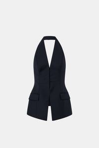 Ghost view CAMILLA AND MARC Orban Tailored Halter Top in Navy Pinstripe with deep V‑neck, fitted waist and open back.