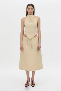 Styled view CAMILLA AND MARC Oren Stripe Midi Skirt in ochre stripe with an adjustable mid‑rise waistline.