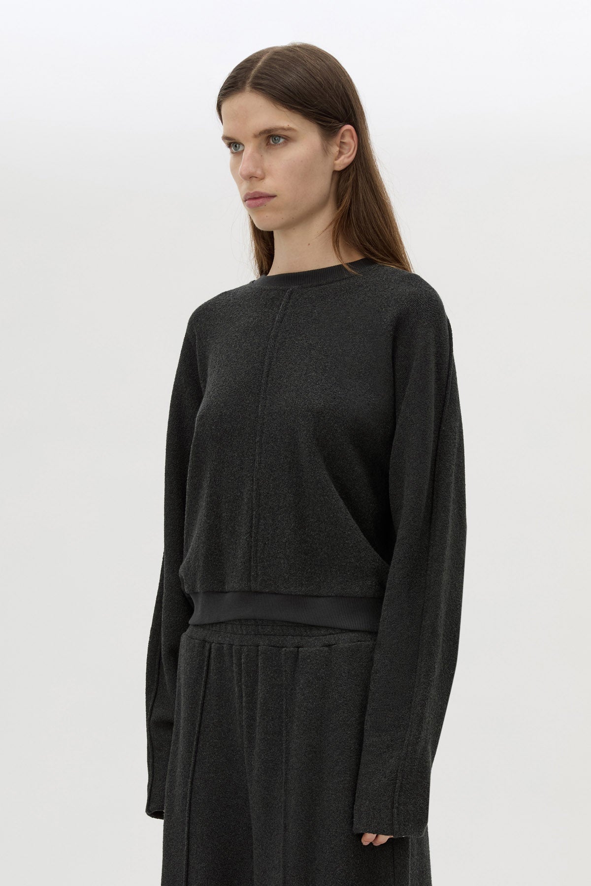 Cropped view CAMILLA AND MARC Pace Sweater in Charcoal Grey with crew neck and soft fleece finish.  