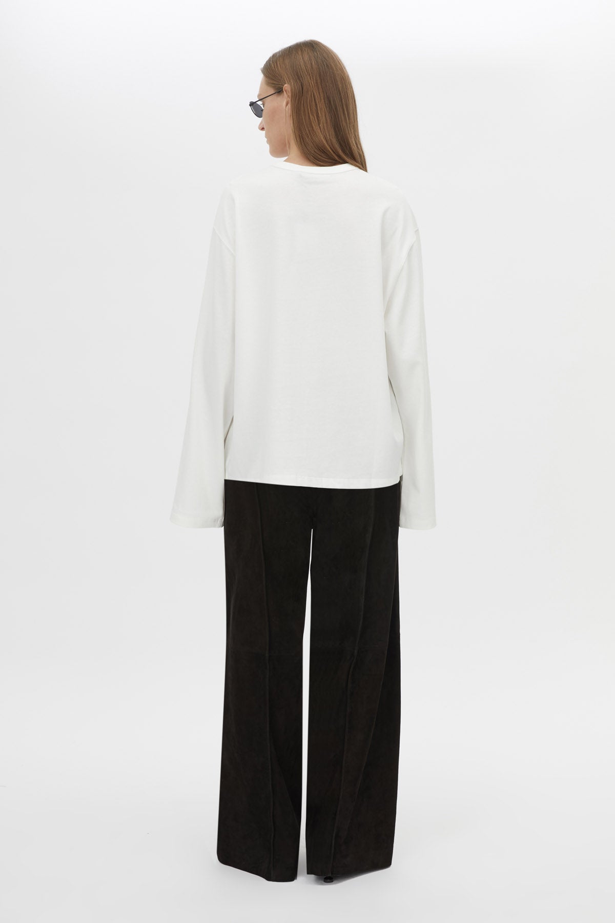 Back view CAMILLA AND MARC Peretti Long Sleeve Tee in White with wide shaped sleeves.  