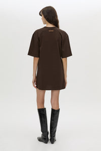 Back view CAMILLA AND MARC Peretti Mini Tee Dress in Espresso Brown with rolled short sleeves and mini tee silhouette.