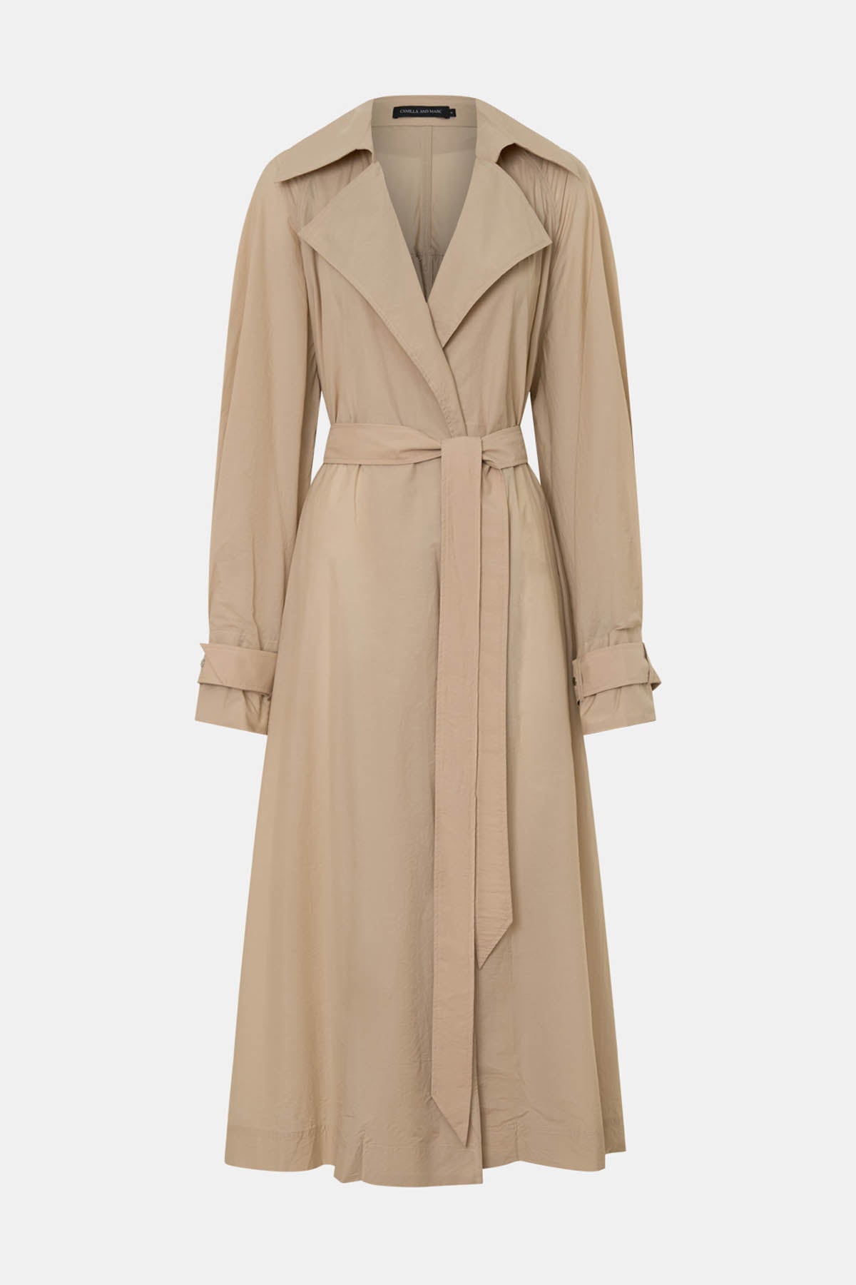 Ghost view CAMILLA AND MARC Pietro Full Length Sheer Trench in stone with raglan sleeves.