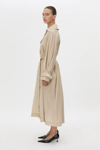 Side view CAMILLA AND MARC Pietro Full Length Sheer Trench in stone with raglan sleeves.