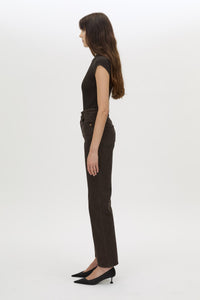 Side view CAMILLA AND MARC Raha crew neck rib bodysuit in espresso brown with cap sleeve and ribbed neckline.