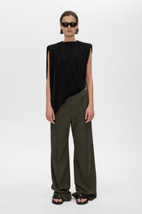 Front styled view CAMILLA AND MARC Ravine Draped Top in Black with asymmetric silhouette.