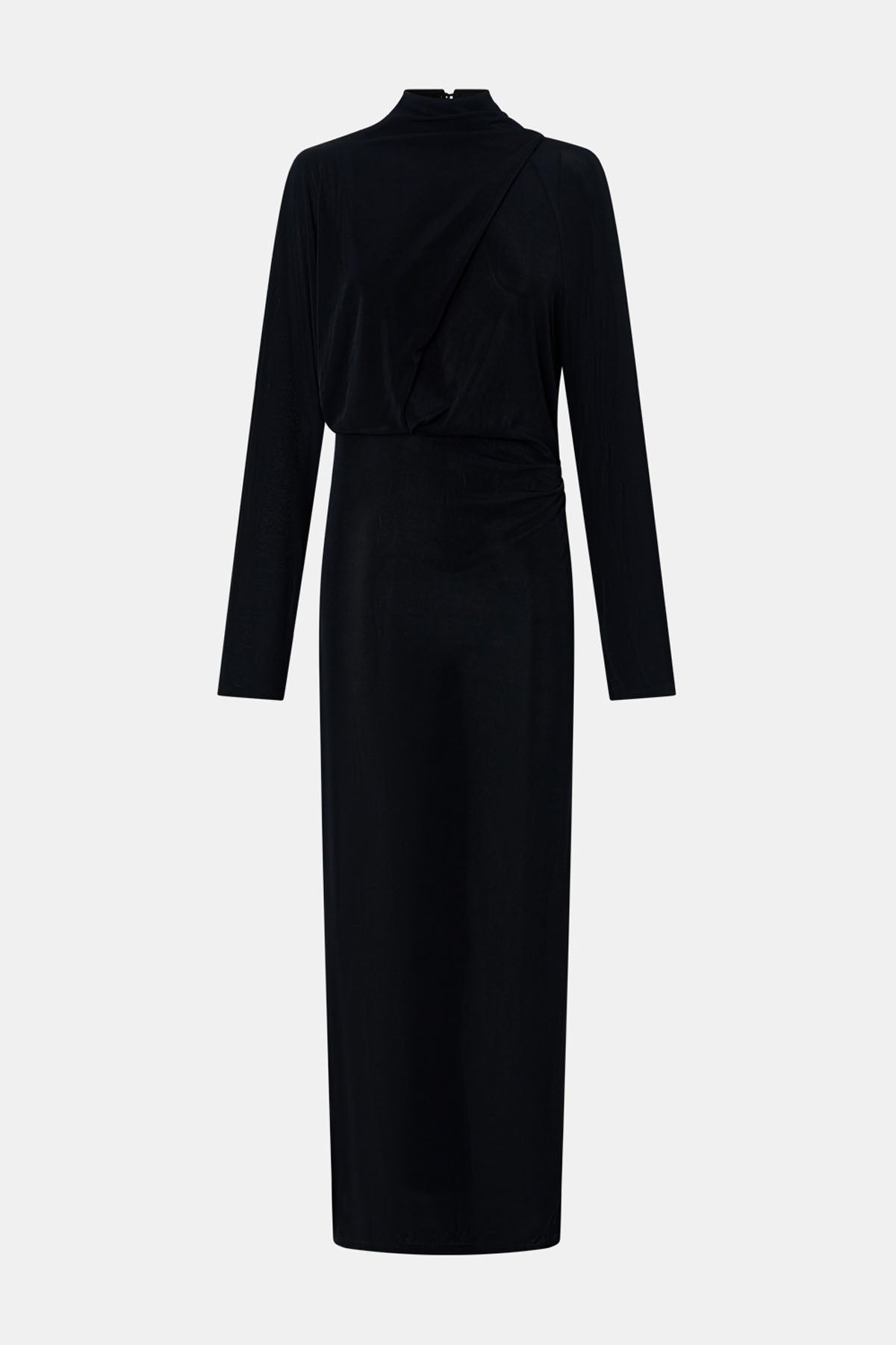 Ghost view CAMILLA AND MARC Ravine Midi Dress in Black with asymmetric draped neckline.