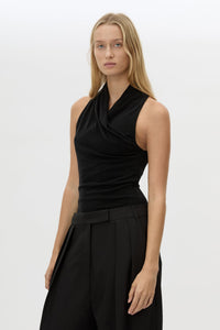 Cropped view CAMILLA AND MARC Ravine Bodysuit in Black with cross‑over wrapped neckline.