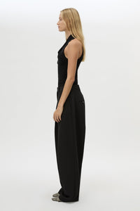 Side view CAMILLA AND MARC Ravine Bodysuit in Black with cross‑over wrapped neckline.