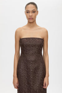Cropped view CAMILLA AND MARC Rennick Strapless Midi Dress in chocolate brown with fitted internal bodice and exaggerated hip.