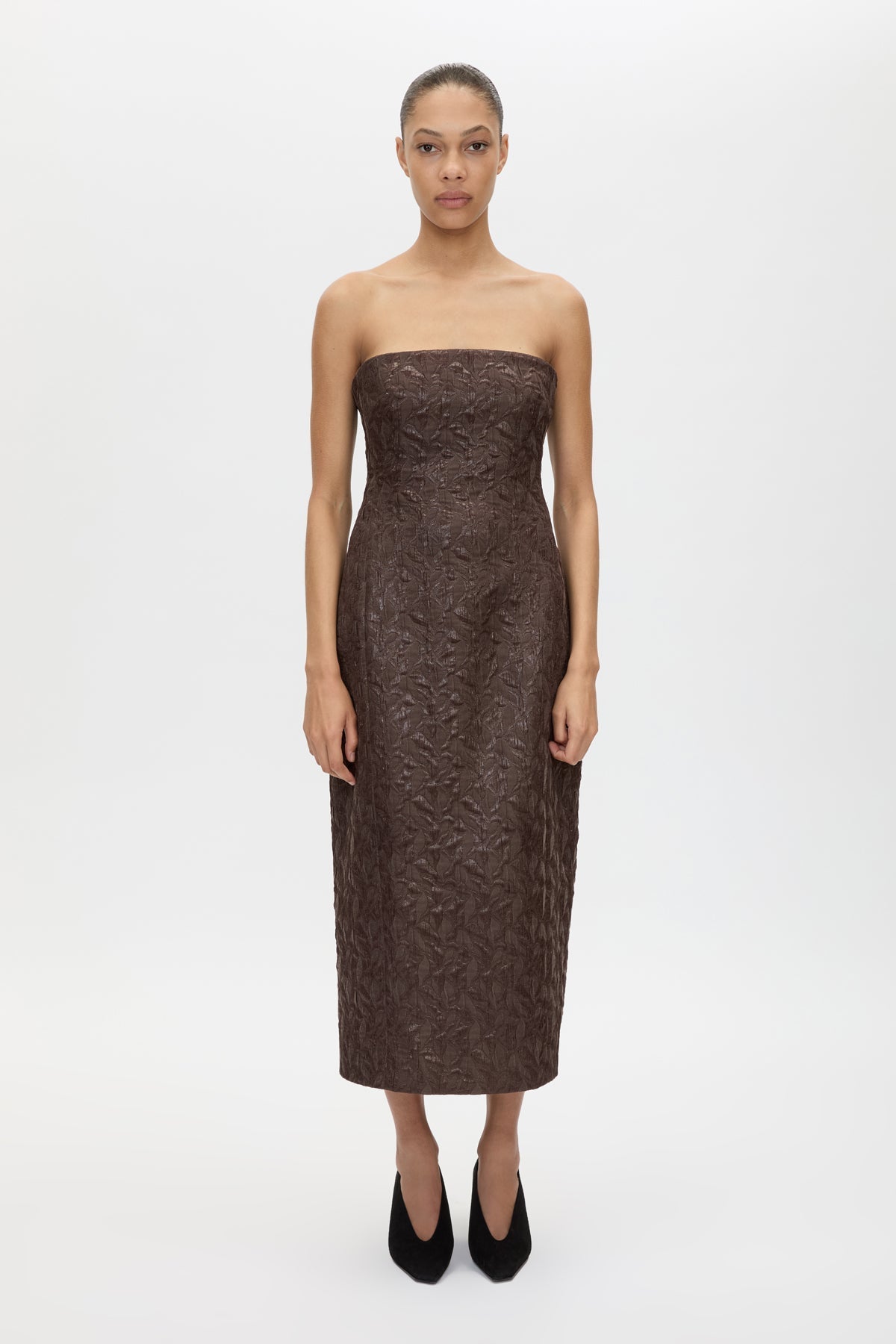 Styled view CAMILLA AND MARC Rennick Strapless Midi Dress in chocolate brown with fitted internal bodice and exaggerated hip.
