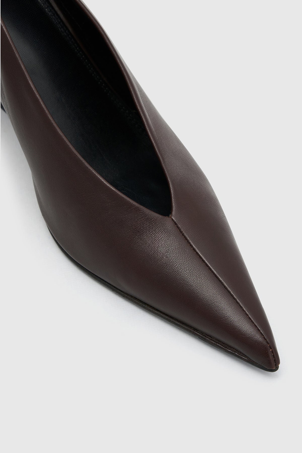 Cropped view CAMILLA AND MARC Rhys Leather Pump in Espresso made from Spanish Nappa with pointed toe silhouette.  