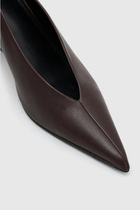 Cropped view CAMILLA AND MARC Rhys Leather Pump in Espresso made from Spanish Nappa with pointed toe silhouette.  
