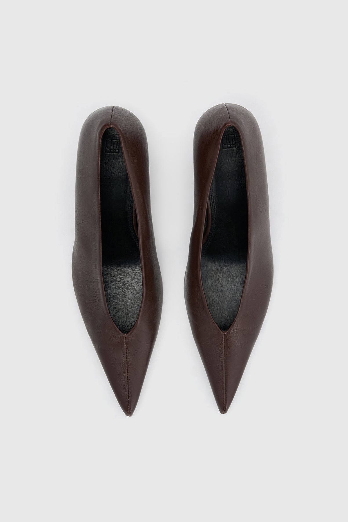 Top view CAMILLA AND MARC Rhys Leather Pump in Espresso made from Spanish Nappa with pointed toe silhouette.  