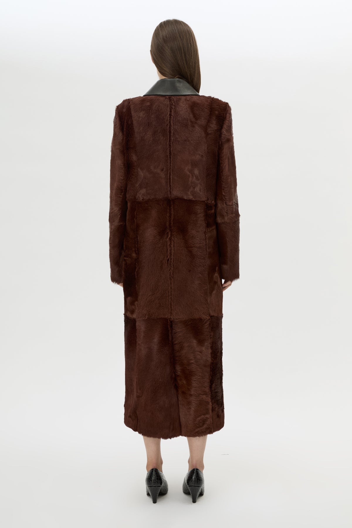 Back view CAMILLA AND MARC Rina Coat in Chocolate Brown calf hair with contrast leather collar.