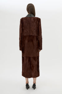 Back view CAMILLA AND MARC Rina Coat in Chocolate Brown calf hair with contrast leather collar.
