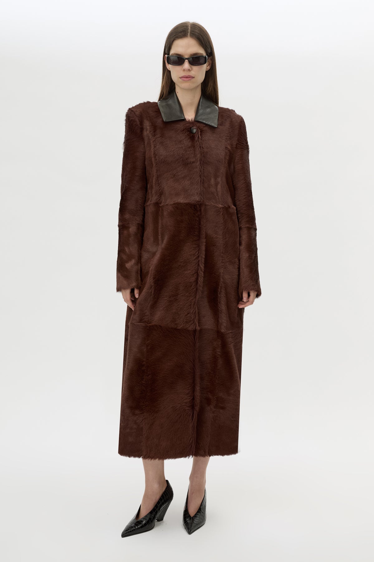 Front view CAMILLA AND MARC Rina Coat in Chocolate Brown calf hair with contrast leather collar.
