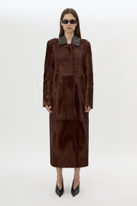 Front view CAMILLA AND MARC Rina Coat in Chocolate Brown styled with the Rhys Croc Pump.