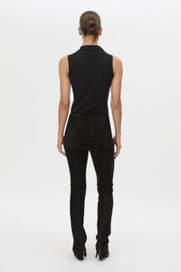 Back view CAMILLA AND MARC high-waisted Romina Pant in black stretch suede fabrication.