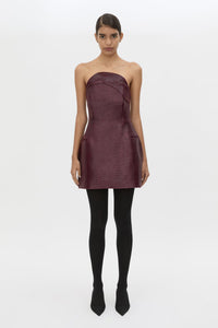 Front view CAMILLA AND MARC Sana Strapless Mini Dress in Burgundy with tailored finish and internal fitted bodice.