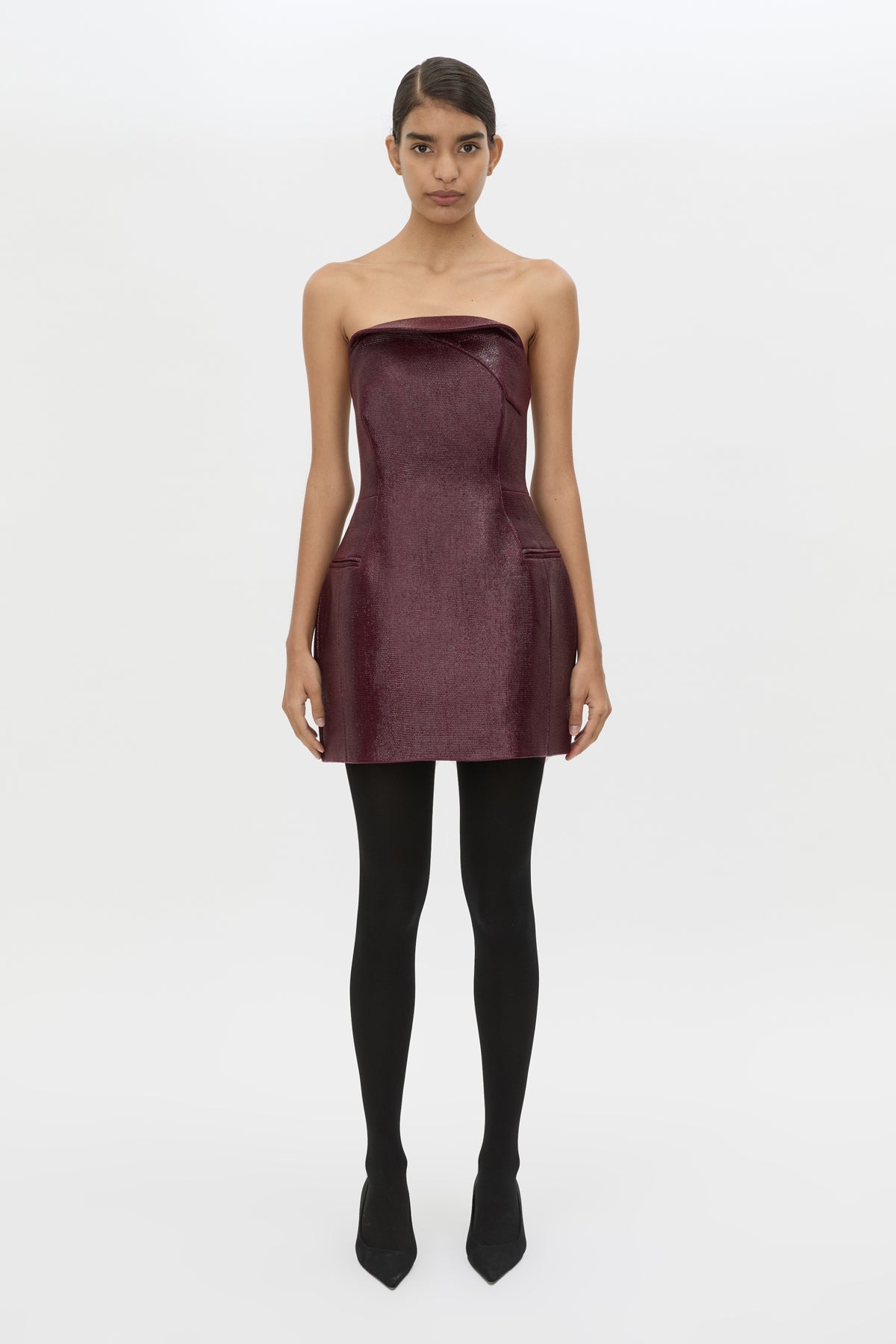 Front styled view CAMILLA AND MARC Sana Strapless Mini Dress in Burgundy with tailored finish and internal fitted bodice.