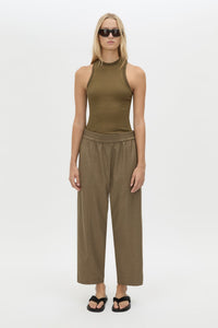 Front styled view CAMILLA AND MARC Sander Pant in Sable Marle with soft suiting finish and mid‑rise fisherman silhouette.