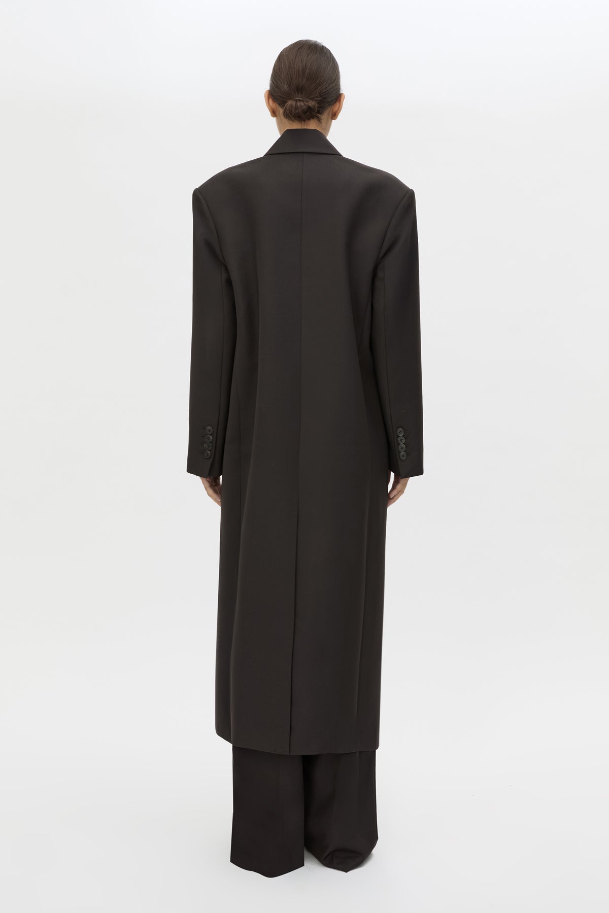 Back view CAMILLA AND MARC Saxony Double Breasted Coat in Espresso Pindot with tailored finish.