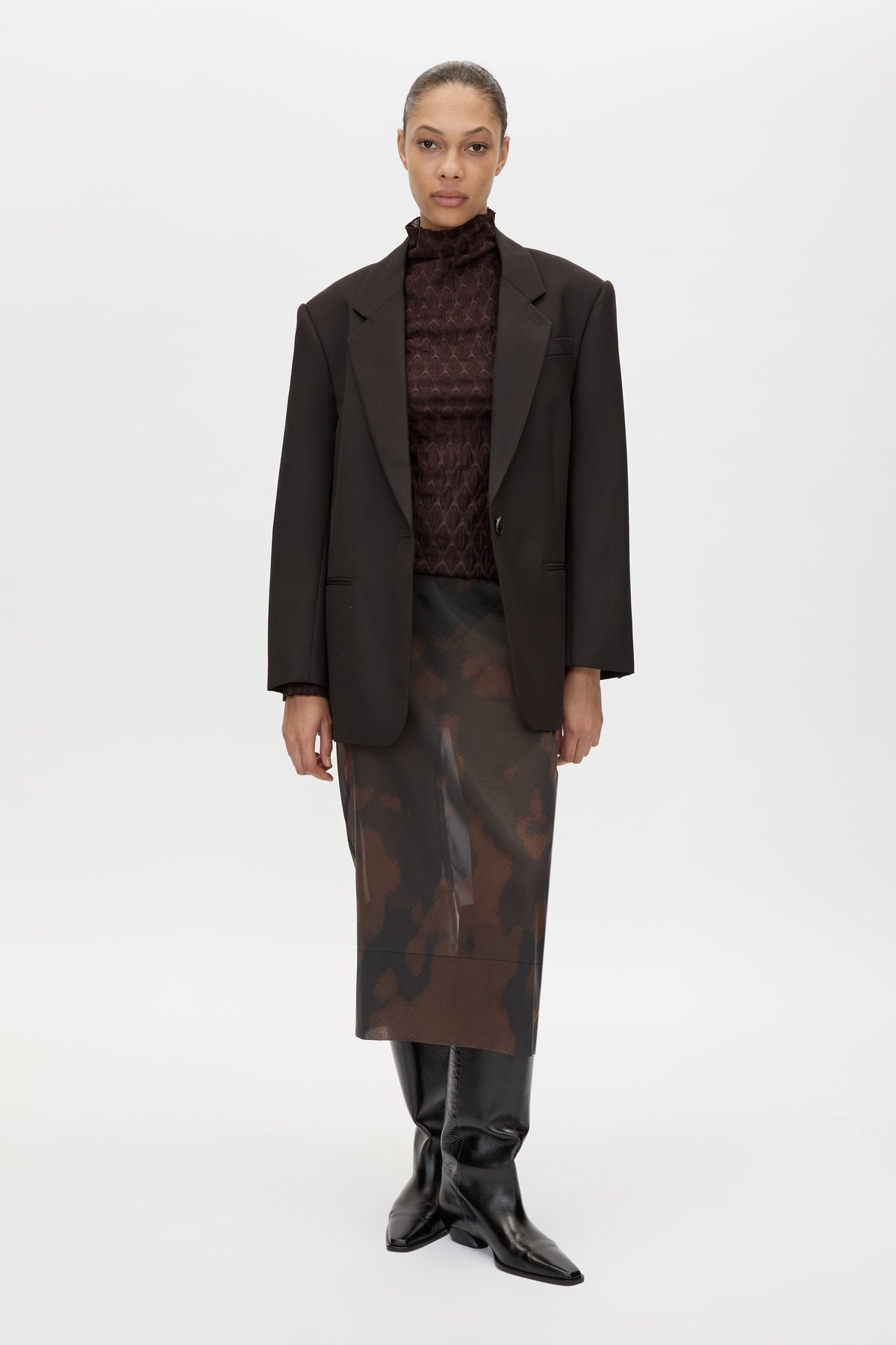 Front view CAMILLA AND MARC Saxony Oversized Blazer in Espresso Pindot with Australian wool flat tailoring.