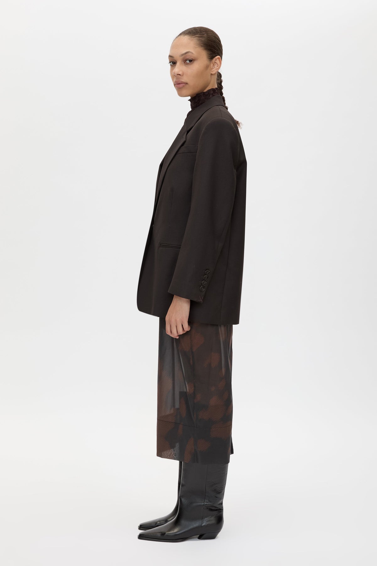 Side view CAMILLA AND MARC Saxony Oversized Blazer in Espresso Pindot with Australian wool flat tailoring.