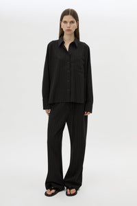 Front view CAMILLA AND MARC Sedona Stripe Pant in Black Stripe styled with Sedona Stripe Shirt.