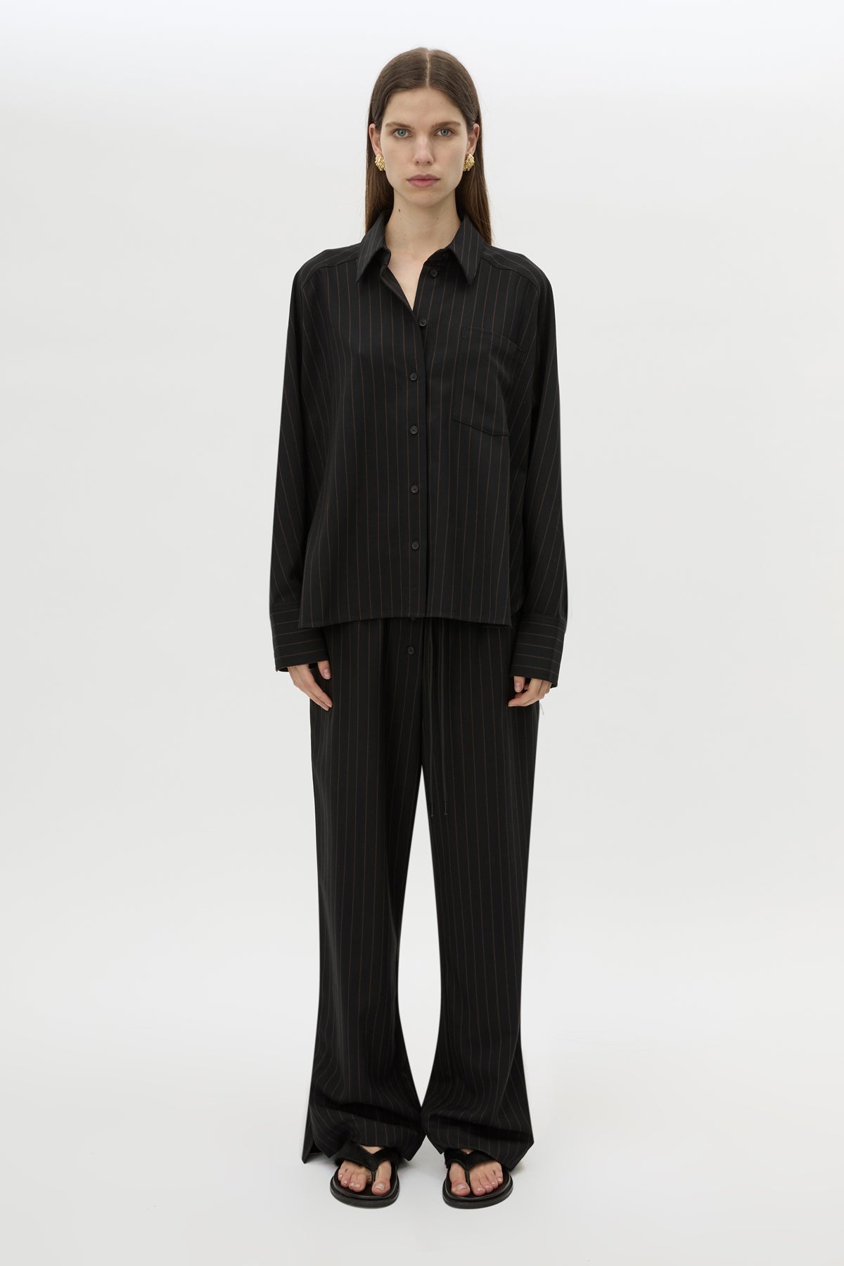 Front view CAMILLA AND MARC Sedona Stripe Pant in Black Stripe with relaxed fit and adjustable waistband.