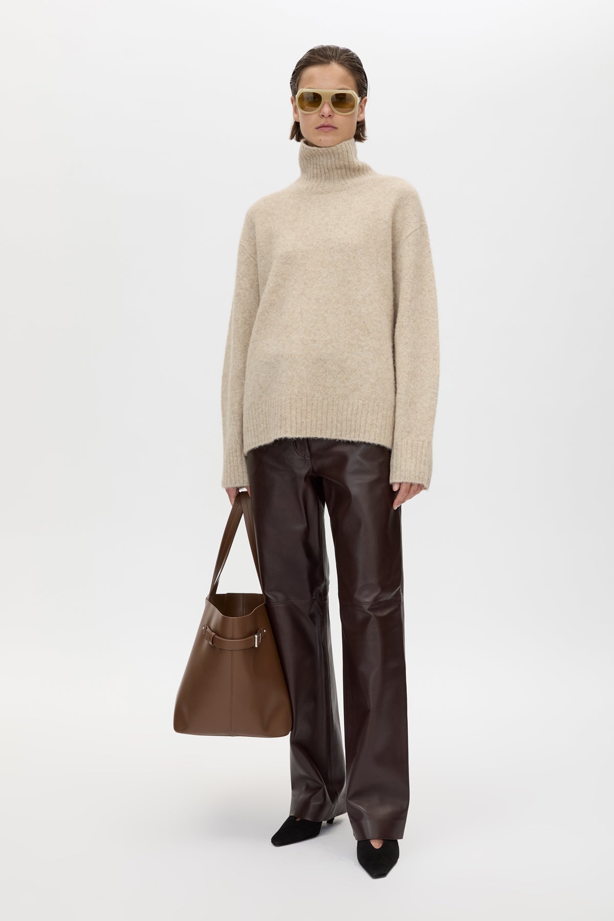Front view CAMILLA AND MARC Selita Leather Pant in Burgundy with straight‑leg panelled leather construction.