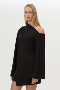 Cropped view CAMILLA AND MARC Serenitas Mini Dress in Black with off the shoulder long-sleeves.