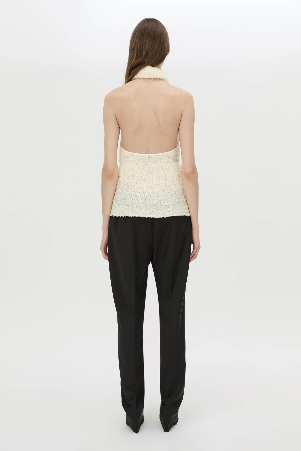 Back view CAMILLA AND MARC Silvie Textured Knit Top in soft white with a cowl halter neckline.