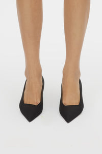 Front view CAMILLA AND MARC Siri Satin Pump in Black, featuring Italian satin with a pointed toe silhouette.