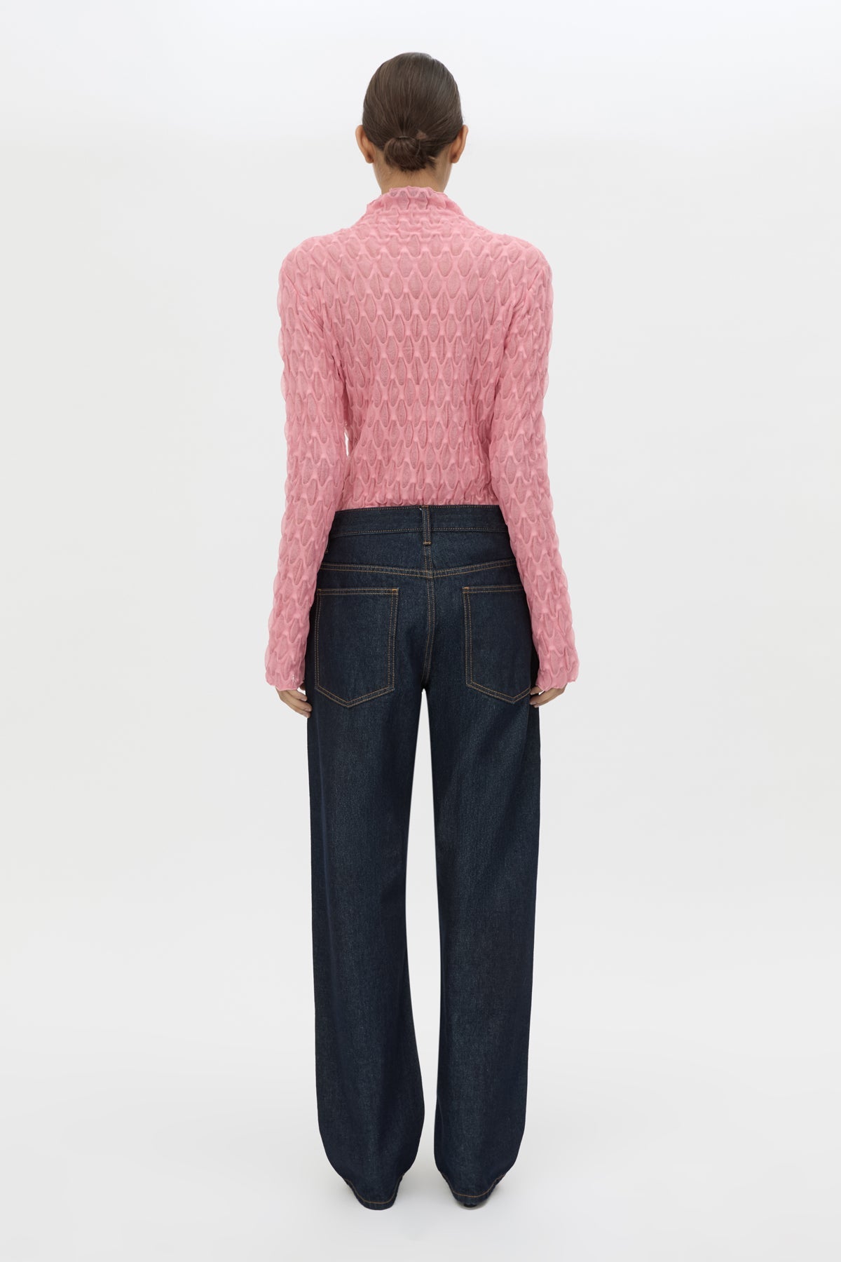 Back view CAMILLA AND MARC Sissil Top in Powder Pink jersey with long sleeves and funnel neck.