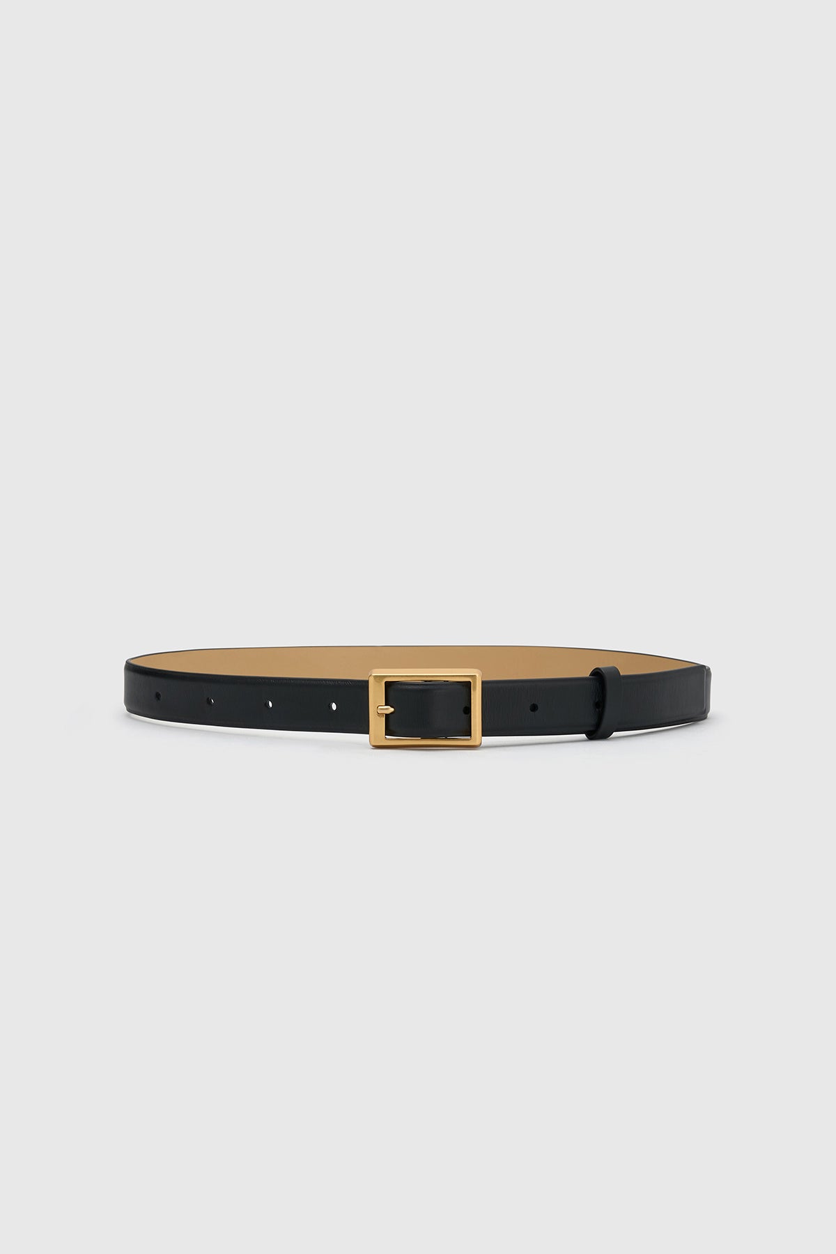 Front view CAMILLA AND MARC Sonny Belt in Black leather with square gold buckle.