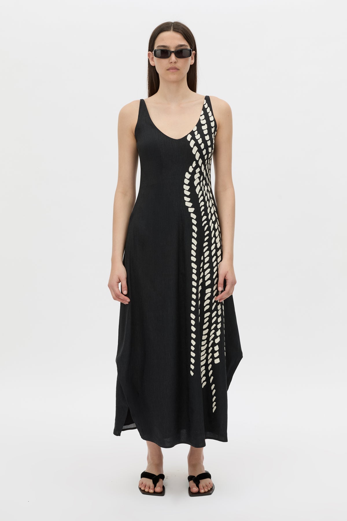 Front view CAMILLA AND MARC Suri Midi Dress in black Suri print with a scooped neckline.