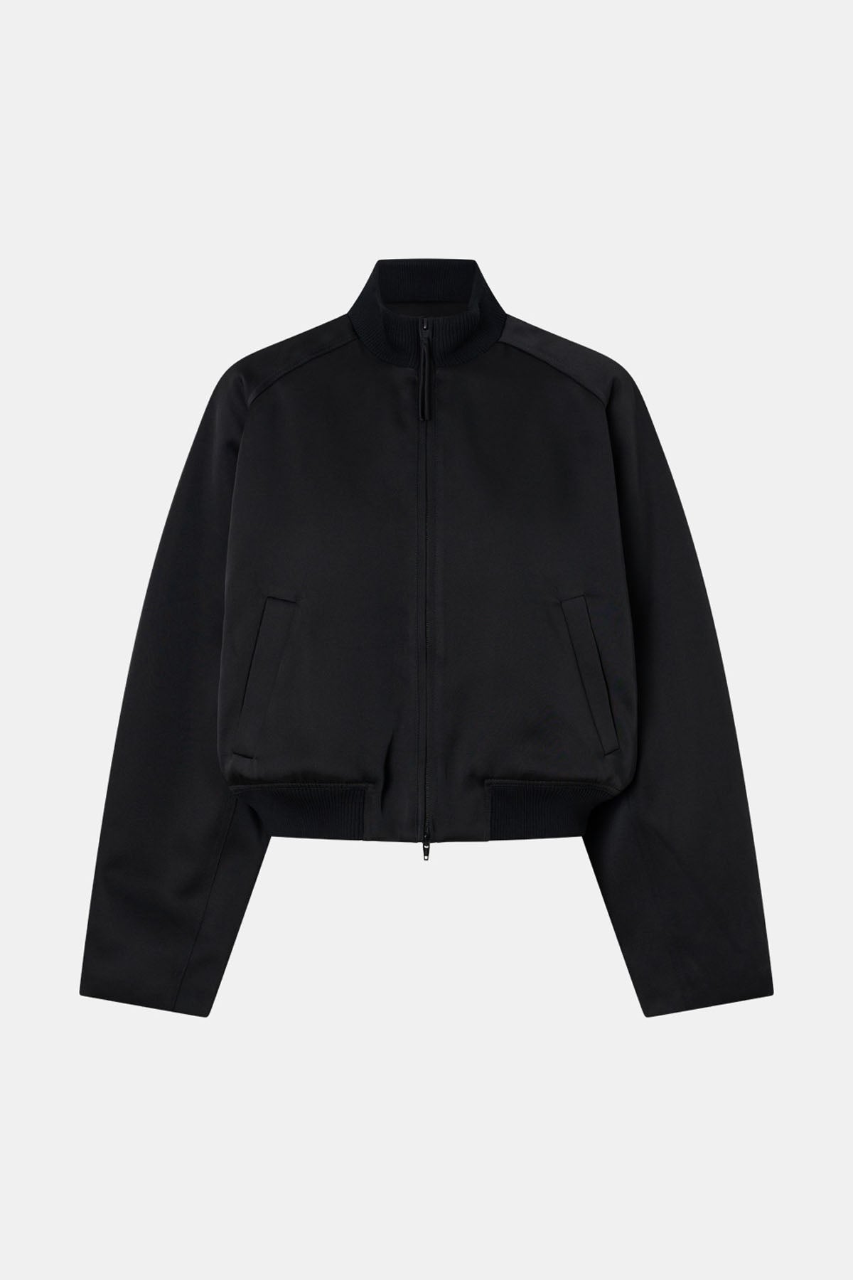 Ghost view CAMILLA AND MARC Tamar Satin Bomber Jacket in Black with front zipper.