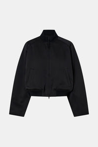 Ghost view CAMILLA AND MARC Tamar Satin Bomber Jacket in Black with front zipper.