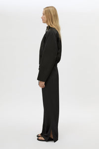 Side view CAMILLA AND MARC Tamar Satin Bomber Jacket in Black with front zipper.