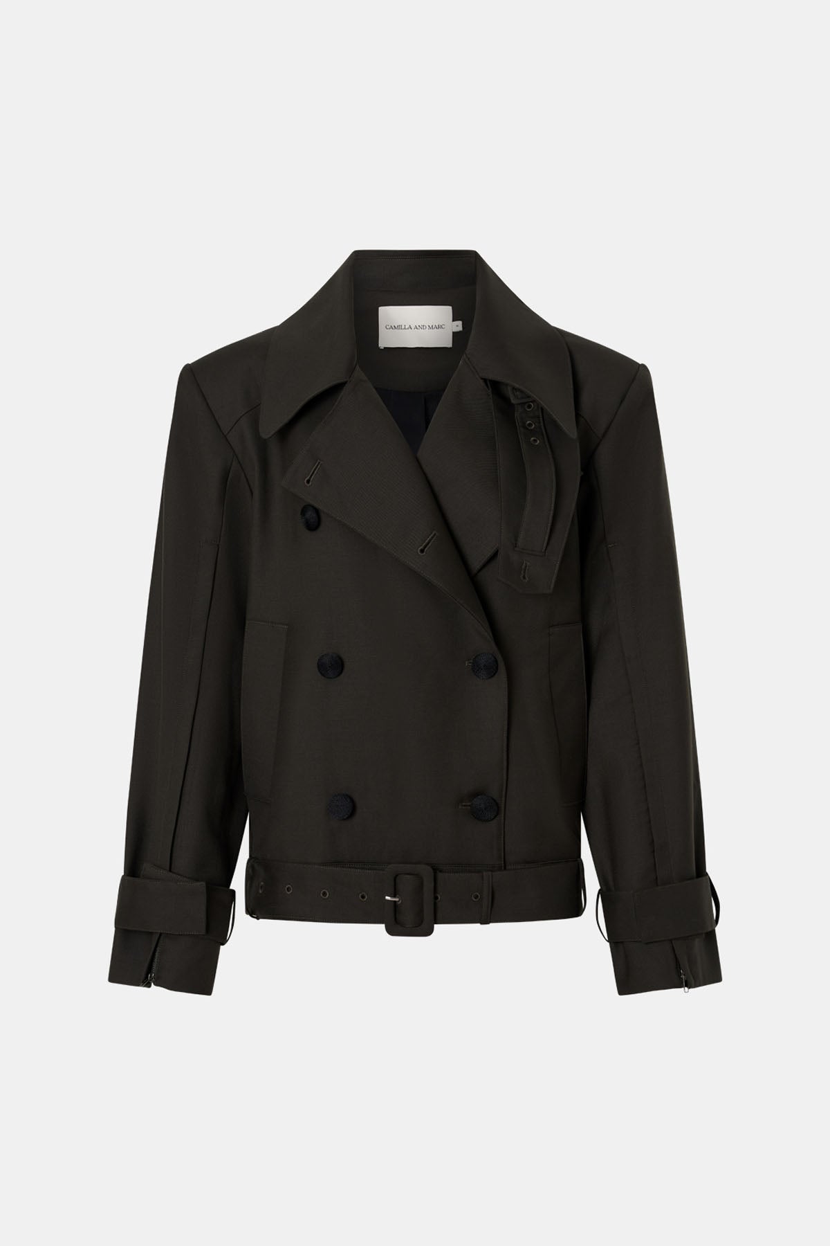 Ghost view CAMILLA AND MARC Tari Short Trench in Dark Khaki with contrast undercollar and shoulder pads.