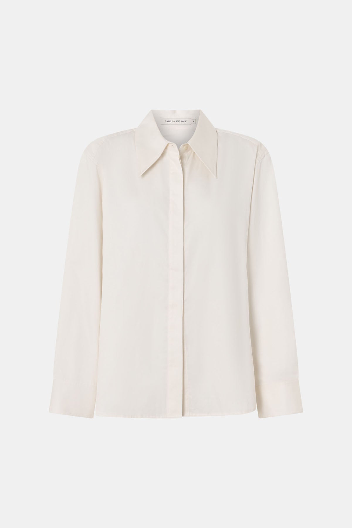 Ghost view CAMILLA AND MARC adjustable Tarn Fitted Long Sleeve Shirt in cream with removable shoulder pads.