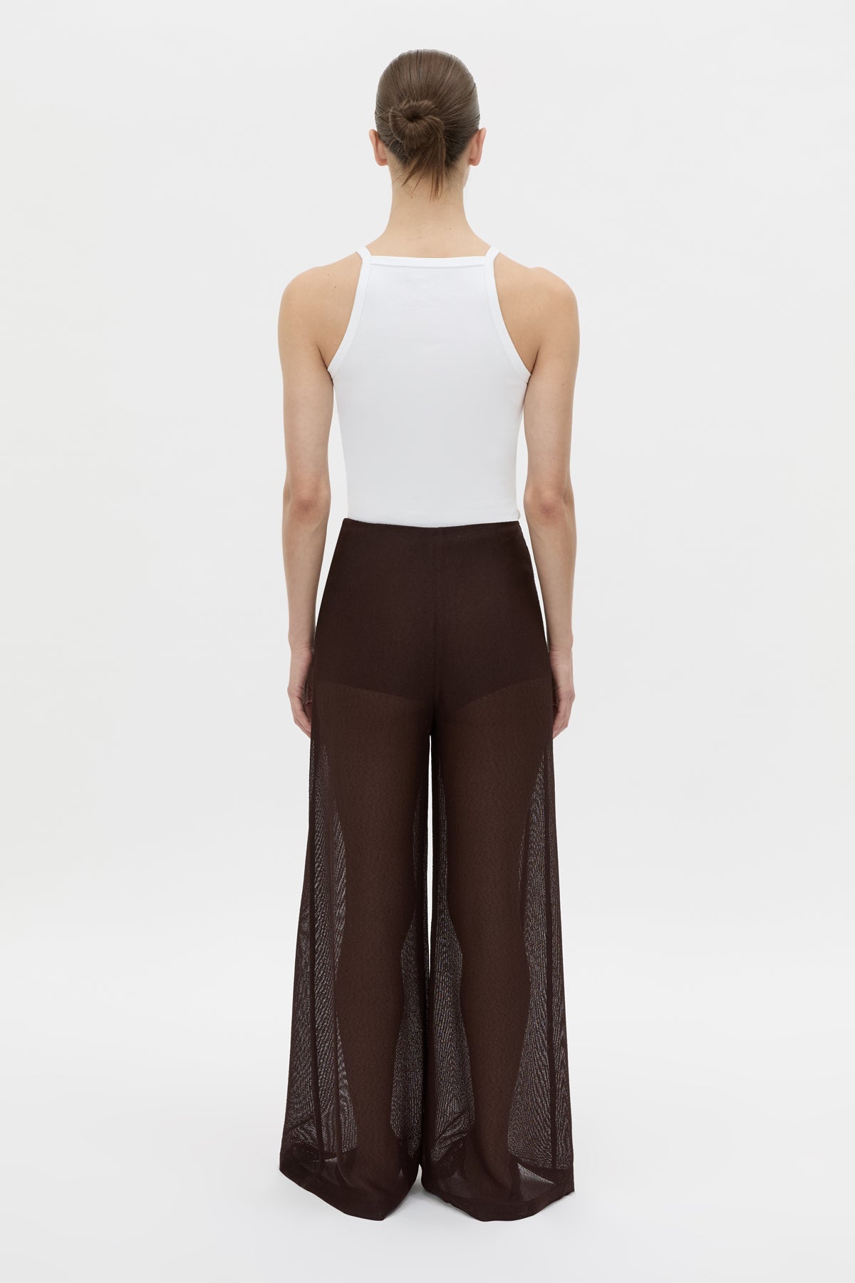 Back view CAMILLA AND MARC high-waisted Tessara Pant in chocolate brown.