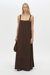 Front view CAMILLA AND MARC Tove Maxi Dress in Chocolate with a sleeveless silhouette and contrasting satin trim. 