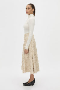 Side view CAMILLA AND MARC tailored Tundra Skirt in stone with full circle silhouette skirt.