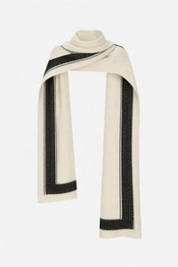 Ghost view CAMILLA AND MARC Tusk Knit Stripe Scarf in Black with striped jacquard graphic and Australian wool fabrication.