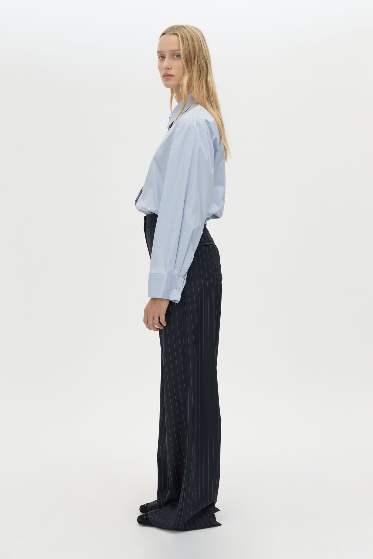 Side view CAMILLA AND MARC Tyler Long Sleeve Shirt in Sky Blue with relaxed fit.